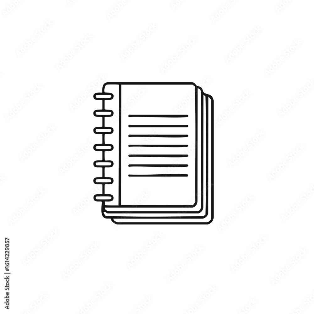 Poster simple outline style drawing of a spiral notebook with pages and text