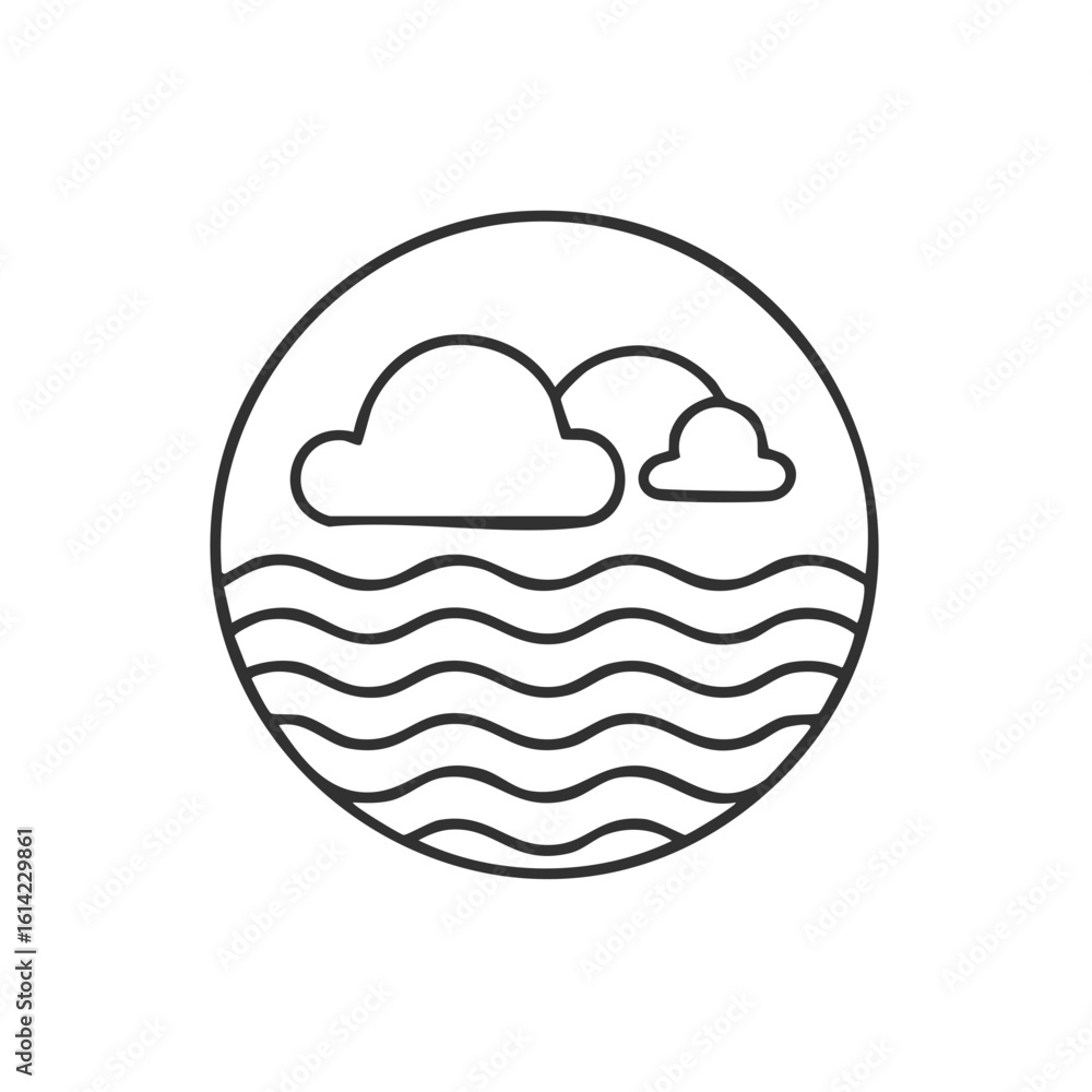 Poster minimalist seascape line art icon with ocean waves and clouds in a circle frame