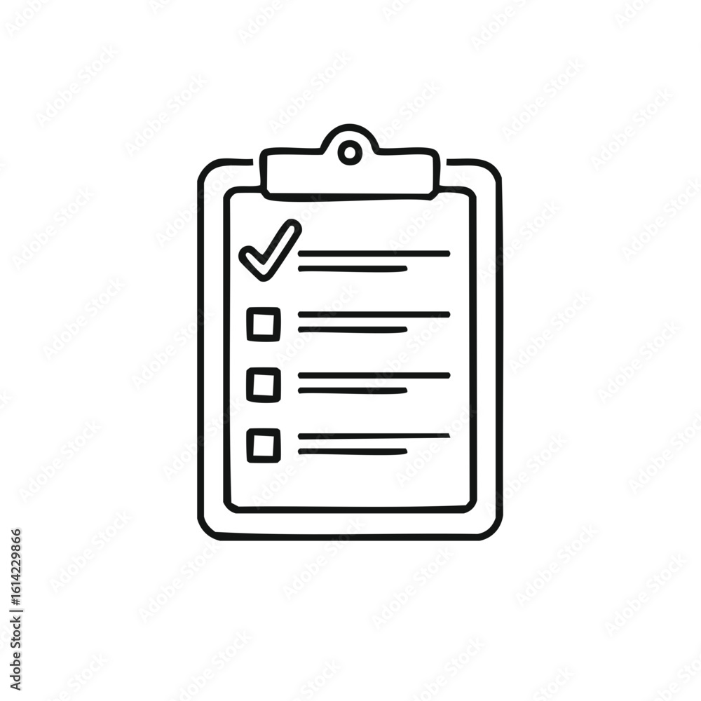 Poster doodle style clipboard with checked task list and empty boxes