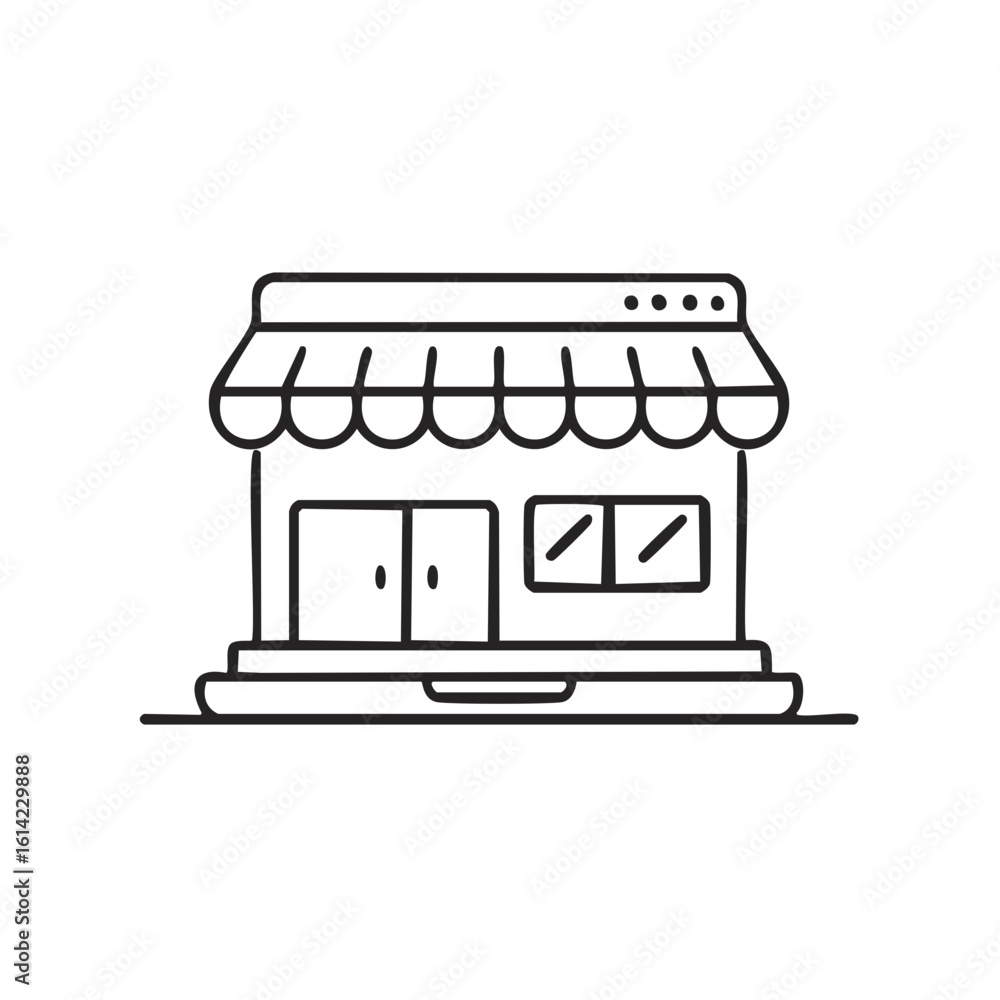 Poster simple linear icon of a storefront or shop building with awning and windows