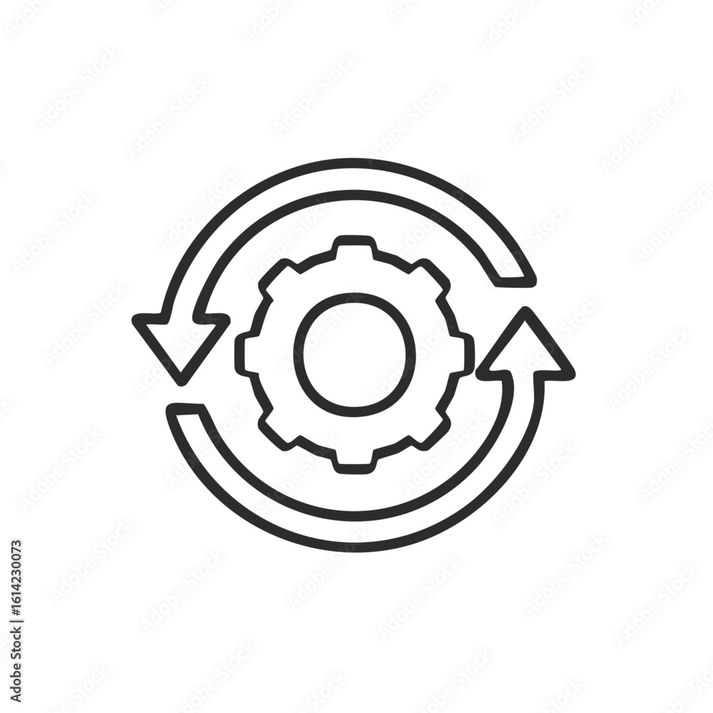 Poster system processing and workflow automation line art vector icon with a gear and circular arrows