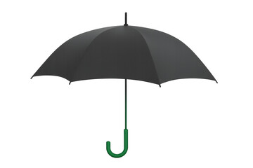 Black umbrella shielding from rainfall, featuring green handle against transparent backdrop