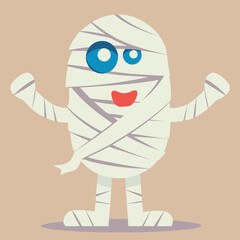 Cartoon mummy character celebrating with arms raised and smiling  