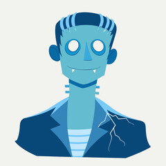 Cartoon Frankenstein character with blue skin and quirky smile  