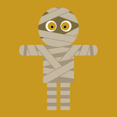 Cartoon mummy character with bandages on orange background  
