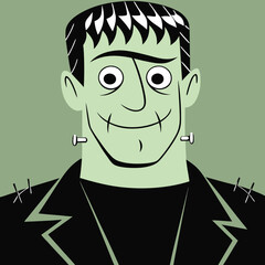 Cartoon Frankenstein character smiling with green background  
