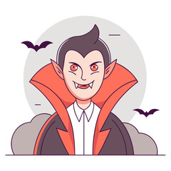 Cartoon vampire character smiling with bats in a spooky background  