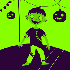 Cartoon zombie boy in torn clothes smiling at Halloween party  