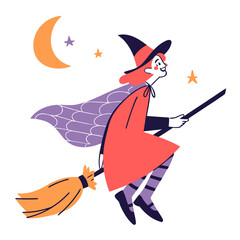 Witch flying on broomstick with stars and moon in night sky  