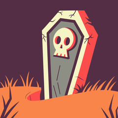 Cartoon coffin with skull illustration in a spooky graveyard  