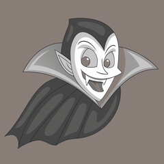 Cartoon vampire character smiling with a cape on gray background  