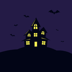 Spooky haunted house silhouette with bats on dark purple background  