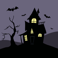 Spooky haunted house silhouette with bats on dark background  