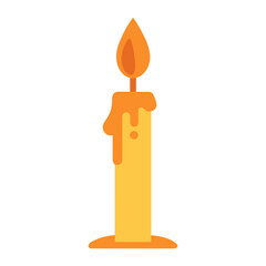 Yellow candle with melting wax and flickering flame on white background  