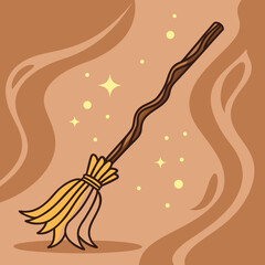 Magical broomstick with golden bristles on abstract background  