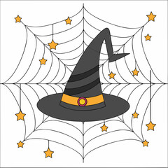 Black witch hat hanging in web decorated with stars  