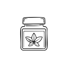 Glass Jar with Marijuana Leaf Symbol Sketch Style Cannabis Product Outline