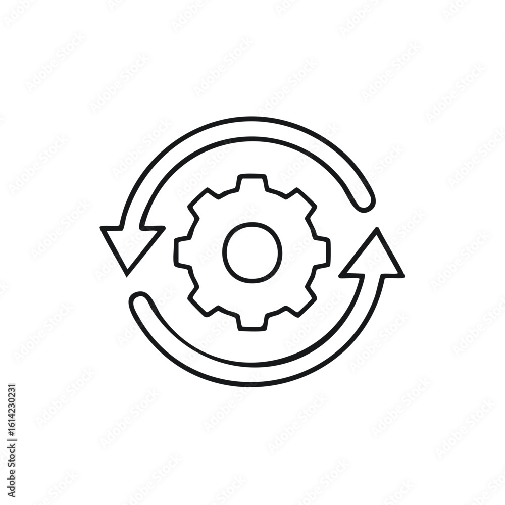 Poster gear symbol with arrows indicating cycle or process, outline style