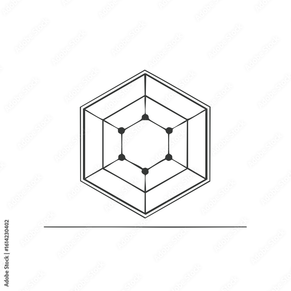 Poster illustration of interconnected hexagon in perspective with horizontal line below