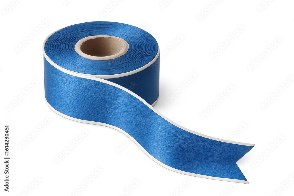 Poster blue ribbon with white border unrolling on a transparent background, creating an elegant and festive