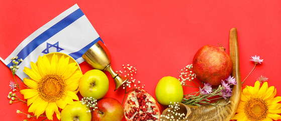 Composition for Rosh Hashanah (Jewish New Year) on color background