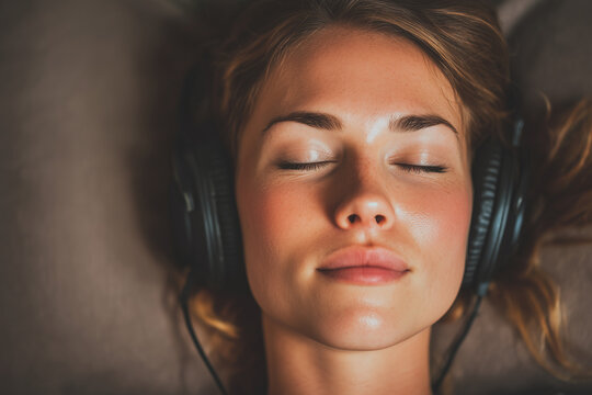 Serene woman meditating with headphones, enjoying peace of mind - Powered by Adobe