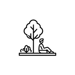 Person sitting under a tree in minimalist line art style on a bench in a park with small bushes