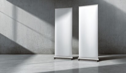 Two blank retractable banners stand in a minimalist, sun-dappled concrete room, casting shadows on the polished floor