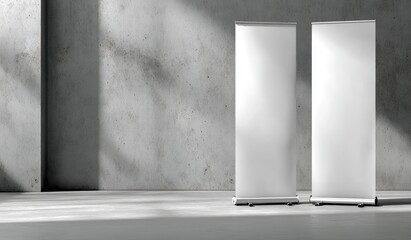 Two blank retractable banner stands in a minimalist, sunlit concrete room, showcasing clean design and ample copy space