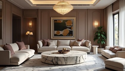Elegant Living Room with Neutral Sofas and Marble Coffee Table