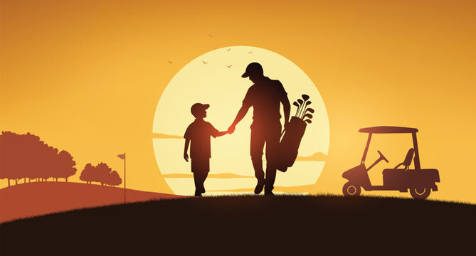 Father and Son Walking After Golf in Sunset Silhouette