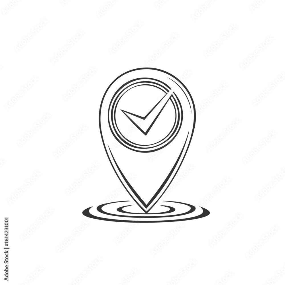 Aufkleber location marker with checkmark symbol and concentric circles vector graphic