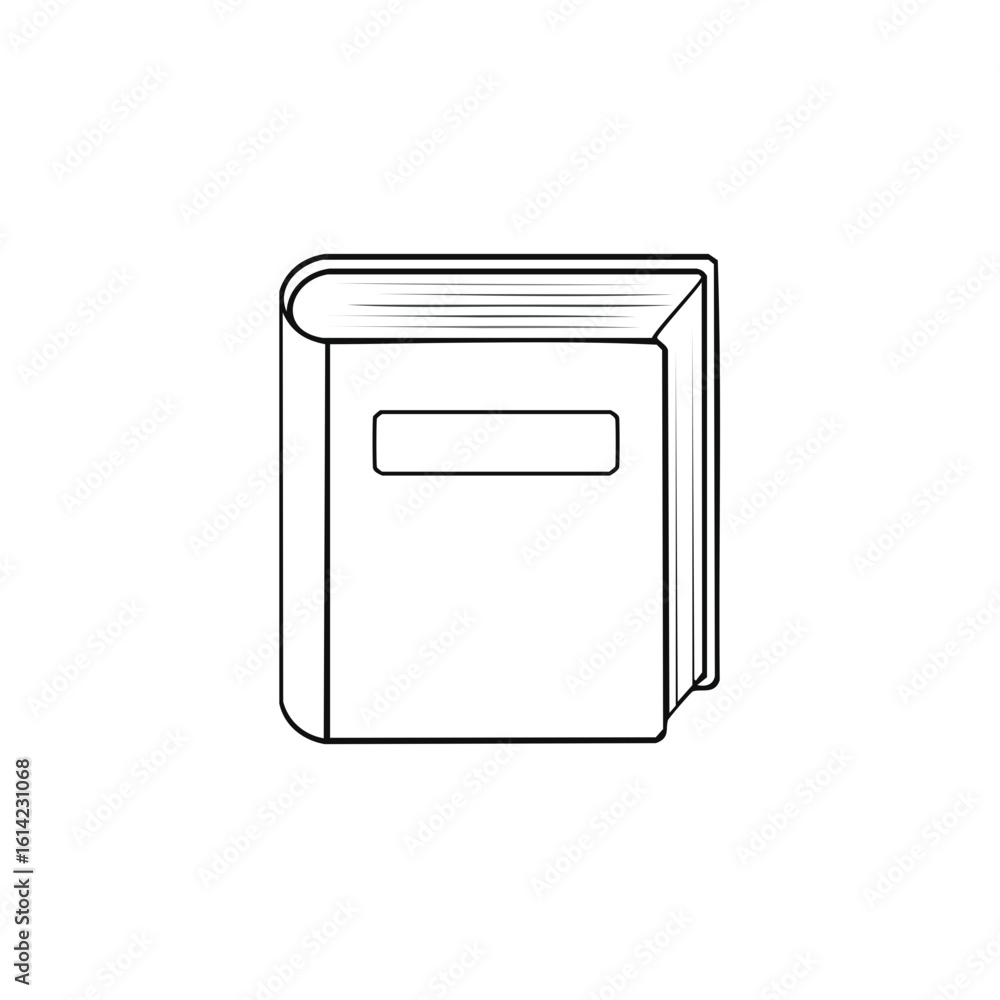 Poster simple line drawing of a closed book with a blank rectangular space on its cover
