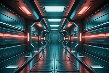 Futuristic Space Station Corridor Interior with Neon Lights and Advanced Technology Design Elements for Science Fiction Concepts