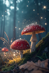 Magical Red Mushroom Forest with Glowing Fairies