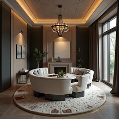 Elegant Living Room with Round Sofa and Modern Chandelier