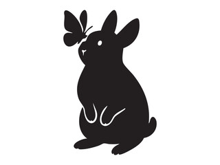 Fototapeta premium Black silhouette of rabbit with butterfly, isolated on white background, graphic illustration. concept of pet, cute animal, nature icon, wildlife art, design element