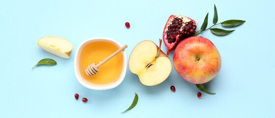 Composition with bowl of honey and ripe fruits on color background. Rosh hashanah (Jewish New Year) celebration
