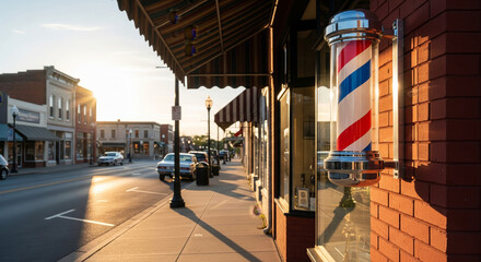 Quiet American main street with traditional barber pole reflecting sunlight at sunset, featuring brick buildings, parked cars, and old-fashioned storefronts