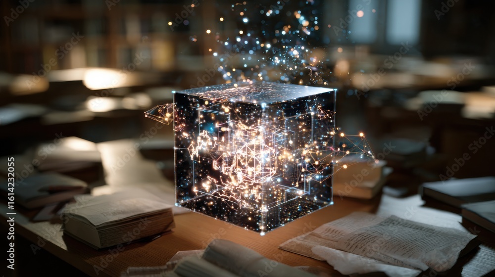 Aufkleber medium shot showing a futuristic holographic learning cube projecting interactive diagrams sharply f