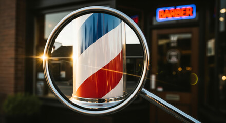Creative perspective of red, white, and blue barber pole framed through a circular mirror, with warm sunlight flares and neon shop sign