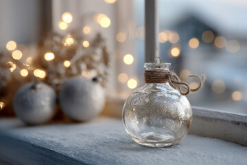 cozy christmas scene captured through frozen window where warmth of ultrabright holiday lights spills into room