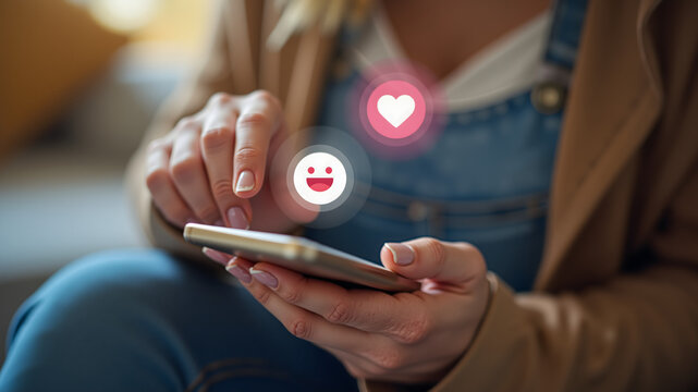 Women using smartphone playing social media press the button emoji, hearts and chat happiness. Social media and digital online concept.
