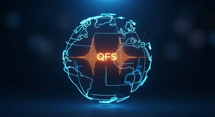 Global adoption of the Quantum Financial System. A minimal holographic world map with a glowing QFS icon at its center, radiating light.