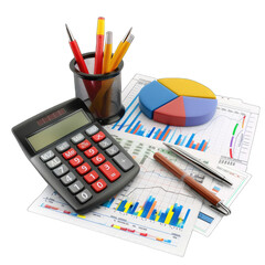 Business documents, calculator, pens, and charts