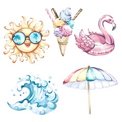 Summer vibes captured with cheerful sunshine, vibrant ice cream, a playful flamingo float, dynamic waves, and a stylish beach umbrella perfect for vacations and outdoor celebrations