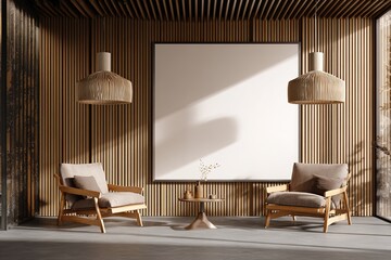Modern interior with wooden panel wall, beige lounge chairs, pendant light, and large empty white wall for poster mockup or design template concept display. 3D Rendering. High quality