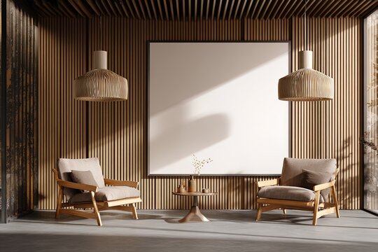 Modern interior with wooden panel wall, beige lounge chairs, pendant light, and large empty white wall for poster mockup or design template concept display. 3D Rendering. High quality