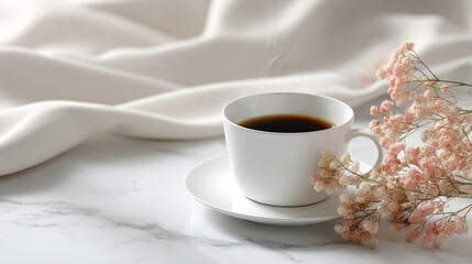 pristine white cup filled with aromatic morning coffee rests elegantly on smooth white marble surface
