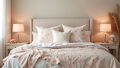 Floral Bedding Set with Lamps on Nightstands in Warm Bedroom